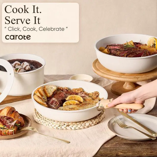 Alt view image 6 of 7 - CAROTE 26pcs Pots and Pans Set Non Stick, Cookware Set Detachable Handle | Induction Compatible, Dishwasher & Oven Safe, Space Saving, Camping Cooking Set, Kitchen Set, Cream White