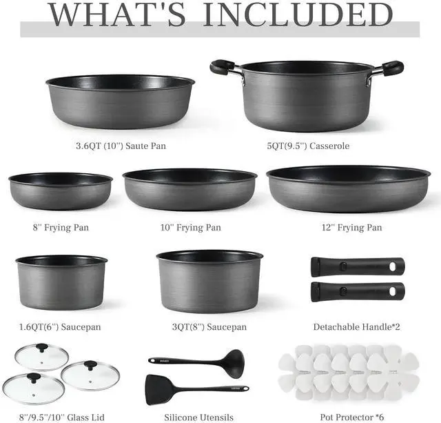 Alt view image 2 of 7 - 20pcs 4-Ply Premium Hard Anodized Pots and Pans Set Non Stick with Detachable Handle, Dishwasher/Oven Safe, RV Kitchen Cookware Set Nonstick, Induction Cookware, Large Capacity Pans and Pot Set