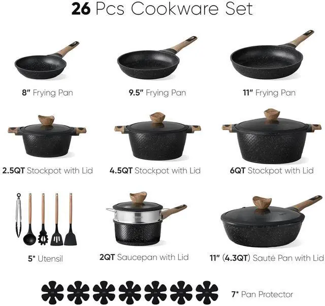 Alt view image 2 of 7 - 26PCS Pots and Pans Set Non Stick, Cookware Set Pots and Pans Induction Cook Ware, Nonstick Kitchen Cooking, PFOA Free, Black