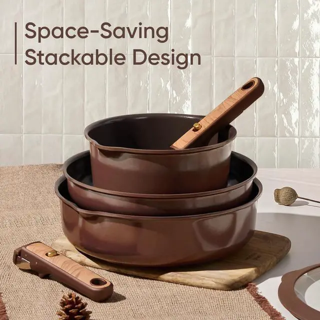 Alt view image 5 of 7 - Pots and Pans Set, Ceramic Cookware Set Non Stick with Detachable Handle, RV Kitchen Cooking Set, Induction & Oven Safe, Non-Toxic, PFAS and PFOA Free, Dark Choco, 19 Pcs