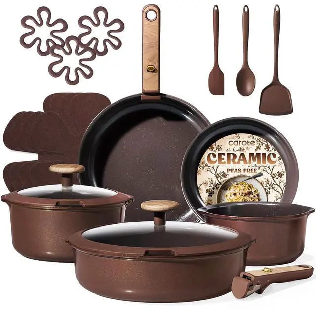 Main image of Pots and Pans Set, Ceramic Cookware Set Non Stick with Detachable Handle, RV Kitchen Cooking Set, Induction & Oven Safe, Non-Toxic, PFAS and PFOA Free, Dark Choco, 19 Pcs