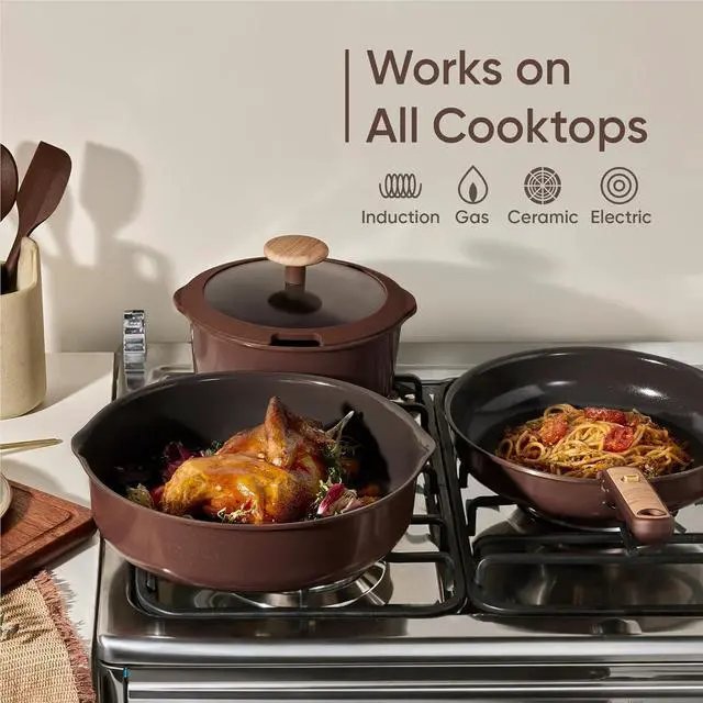 Alt view image 7 of 7 - Pots and Pans Set, Ceramic Cookware Set Non Stick with Detachable Handle, RV Kitchen Cooking Set, Induction & Oven Safe, Non-Toxic, PFAS and PFOA Free, Dark Choco, 19 Pcs