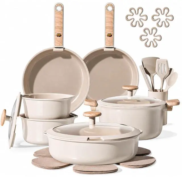 Main image of 25 Pcs Ceramic Cookware Sets, Pots and Pans Set Non Stick, Detachable Handle, Induction & Oven Safe, Stackable Space - 70% Saving, Cookware Non Stick Cooking Set, Taupe (PFOS, PFOA Free)