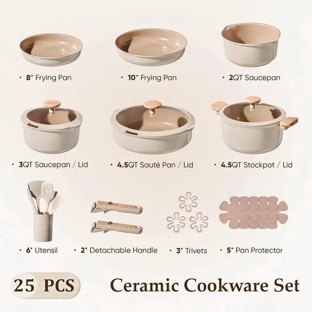 Alt view image 2 of 7 - 25 Pcs Ceramic Cookware Sets, Pots and Pans Set Non Stick, Detachable Handle, Induction & Oven Safe, Stackable Space - 70% Saving, Cookware Non Stick Cooking Set, Taupe (PFOS, PFOA Free)