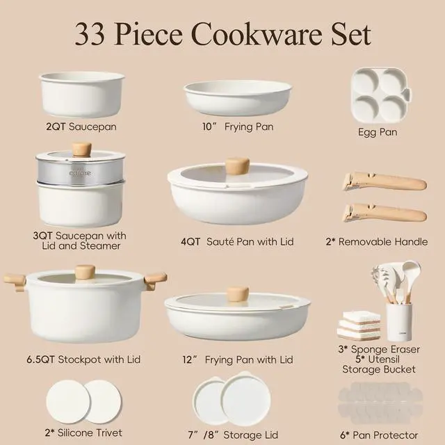 Alt view image 2 of 7 - 33pcs Pots and Pans Non Stick, Cookware Sets Detachable Handle, Induction Kitchen Pots and Pans, NonStick Cooking Set, Oven/Dishwasher/Fridge Safe, Space Saving