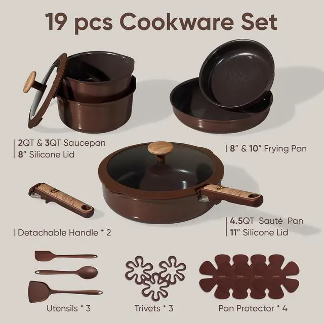 Alt view image 2 of 7 - Pots and Pans Set, Ceramic Cookware Set Non Stick with Detachable Handle, RV Kitchen Cooking Set, Induction & Oven Safe, Non-Toxic, PFAS and PFOA Free, Dark Choco, 19 Pcs