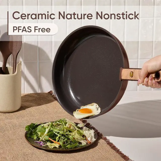 Alt view image 3 of 7 - Pots and Pans Set, Ceramic Cookware Set Non Stick with Detachable Handle, RV Kitchen Cooking Set, Induction & Oven Safe, Non-Toxic, PFAS and PFOA Free, Dark Choco, 19 Pcs