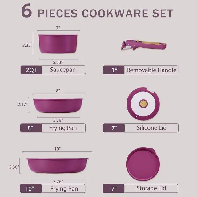 Alt view image 2 of 7 - Ceramic Pots and Pans Set, Nonstick Cookware Set Detachable Handle, 6pcs Induction Kitchen Cookware Sets Non Stick with Removable Handle, RV Cookware Set, Oven Safe, Purple