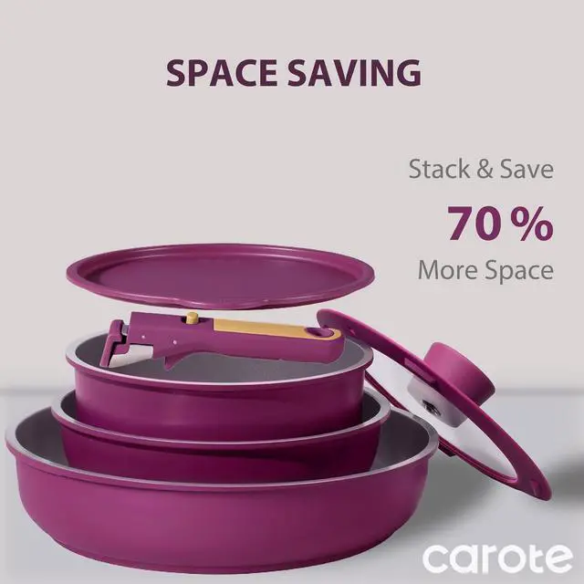 Alt view image 6 of 7 - Ceramic Pots and Pans Set, Nonstick Cookware Set Detachable Handle, 6pcs Induction Kitchen Cookware Sets Non Stick with Removable Handle, RV Cookware Set, Oven Safe, Purple