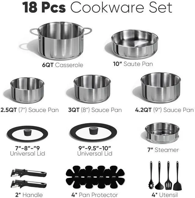Alt view image 2 of 7 - 18pcs Stainless Steel Cookware Set with Detachable Handle, Nonstick Pots and Pans Set, Induction Kitchen Cookware Sets with Removable Handle, RV Cookware Set, Oven Safe, Camping Cookware, Black