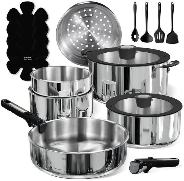 Main image of 18pcs Stainless Steel Cookware Set with Detachable Handle, Nonstick Pots and Pans Set, Induction Kitchen Cookware Sets with Removable Handle, RV Cookware Set, Oven Safe, Camping Cookware, Black