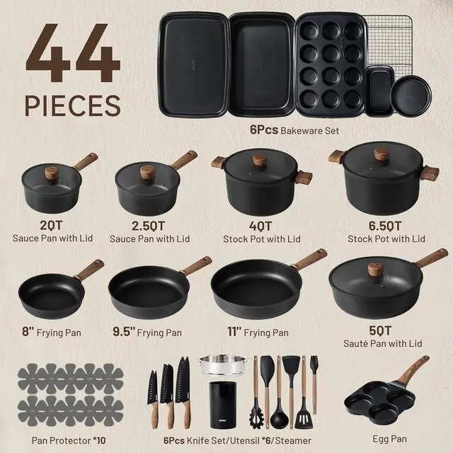 Alt view image 2 of 7 - 44pcs Nonstick Kitchen Titanium Cookware Sets, Nonstick Pots and Pans, Induction Cookware Set Kitchen Cooking Sets, Non Stick w/Frying Pan,Black