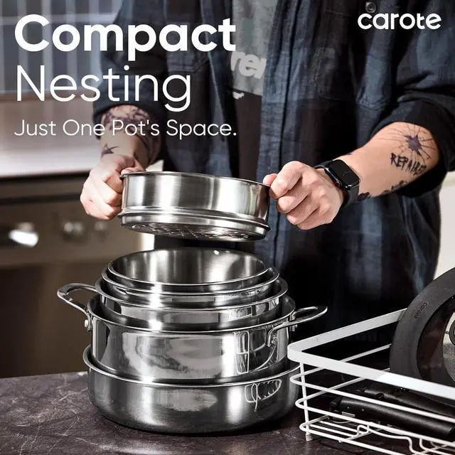 Alt view image 6 of 7 - 18pcs Stainless Steel Cookware Set with Detachable Handle, Nonstick Pots and Pans Set, Induction Kitchen Cookware Sets with Removable Handle, RV Cookware Set, Oven Safe, Camping Cookware, Black