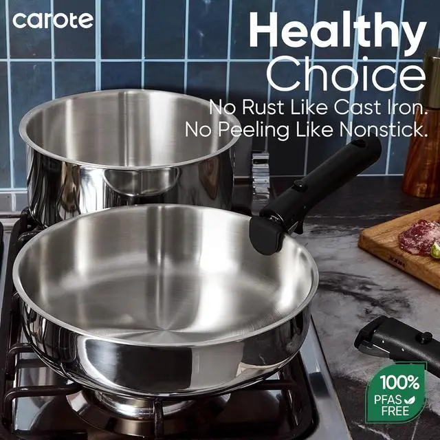 Alt view image 3 of 7 - 18pcs Stainless Steel Cookware Set with Detachable Handle, Nonstick Pots and Pans Set, Induction Kitchen Cookware Sets with Removable Handle, RV Cookware Set, Oven Safe, Camping Cookware, Black