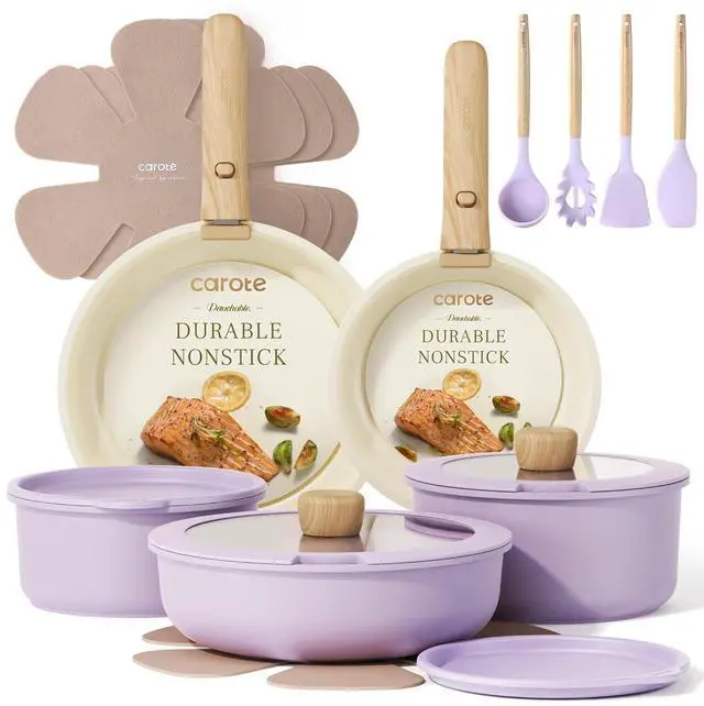 Main image of Pots and Pans Set Non Stick, Cookware Sets, 19pcs Kitchen Set, Oven/Fridge Safe, Space Saving Pots Set, Nonstick Set with Versatile Removable/Detachable Handle, Induction RV Set, Purple