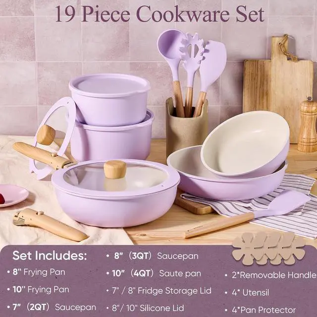 Alt view image 2 of 7 - Pots and Pans Set Non Stick, Cookware Sets, 19pcs Kitchen Set, Oven/Fridge Safe, Space Saving Pots Set, Nonstick Set with Versatile Removable/Detachable Handle, Induction RV Set, Purple