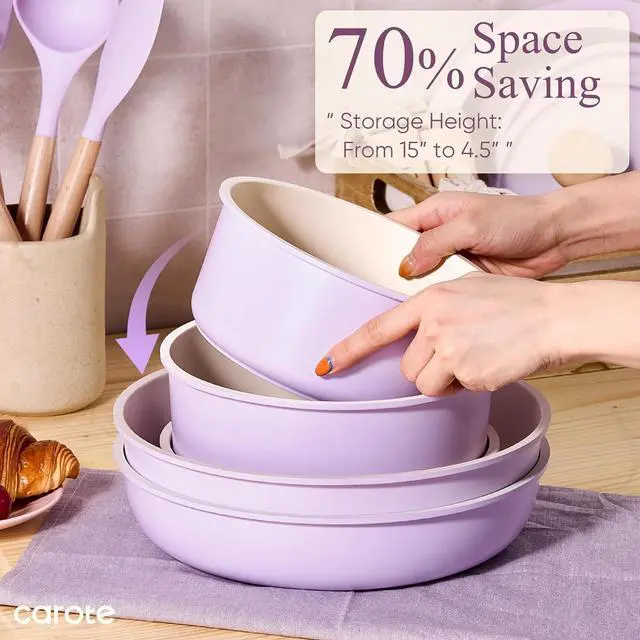 Alt view image 4 of 7 - Pots and Pans Set Non Stick, Cookware Sets, 19pcs Kitchen Set, Oven/Fridge Safe, Space Saving Pots Set, Nonstick Set with Versatile Removable/Detachable Handle, Induction RV Set, Purple