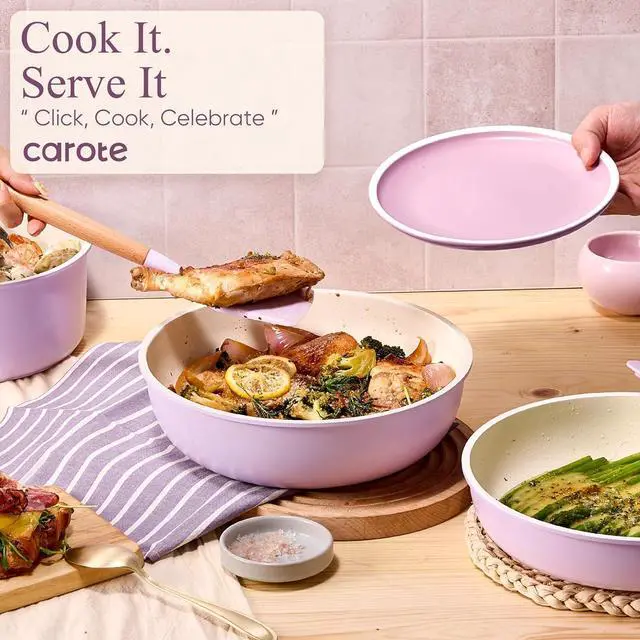Alt view image 6 of 7 - Pots and Pans Set Non Stick, Cookware Sets, 19pcs Kitchen Set, Oven/Fridge Safe, Space Saving Pots Set, Nonstick Set with Versatile Removable/Detachable Handle, Induction RV Set, Purple