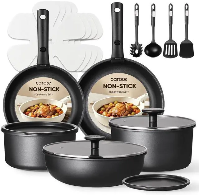 Main image of 19Pcs Pots and Pans Set Non Stick, Cookware Set Detachable Handle, Nonstick Induction Kitchen Sets Non Stick with Removable Handle, RV Cook Ware, Oven Safe, Black