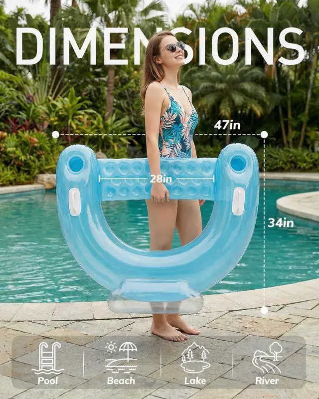 Alt view image 2 of 7 - Inflatable Pool Floats Adult, Floating Pool Chair with Cup Holders for Swimming Pool, Water Chair Pool Lounger with Handles & Ergonomic Headrest for Party Summer Water Fun