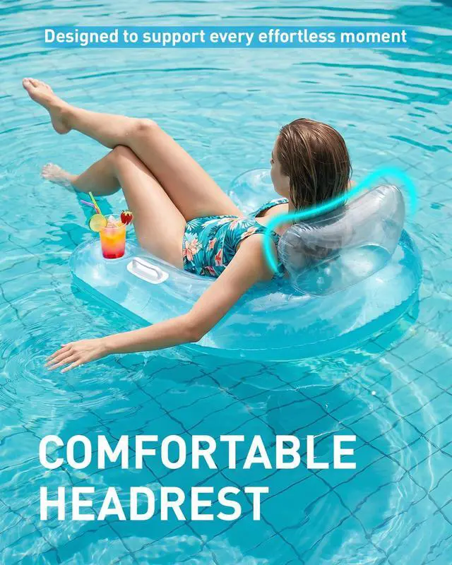 Alt view image 4 of 7 - Inflatable Pool Floats Adult, Floating Pool Chair with Cup Holders for Swimming Pool, Water Chair Pool Lounger with Handles & Ergonomic Headrest for Party Summer Water Fun