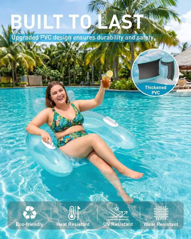 Alt view image 5 of 7 - Inflatable Pool Floats Adult, Floating Pool Chair with Cup Holders for Swimming Pool, Water Chair Pool Lounger with Handles & Ergonomic Headrest for Party Summer Water Fun