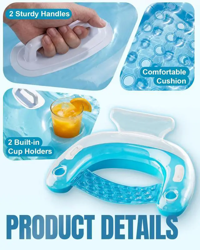 Alt view image 6 of 7 - Inflatable Pool Floats Adult, Floating Pool Chair with Cup Holders for Swimming Pool, Water Chair Pool Lounger with Handles & Ergonomic Headrest for Party Summer Water Fun