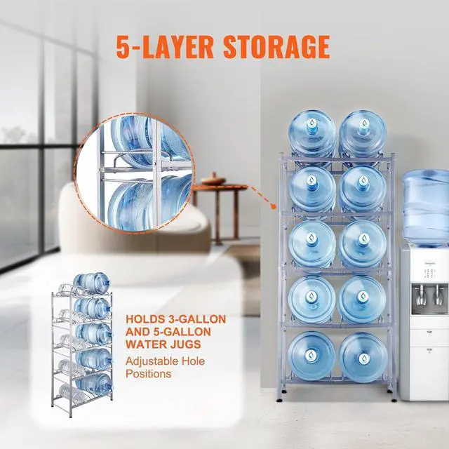 Alt view image 3 of 7 - 5 Tiers Water Jug Holder, 5 Gallon Water Bottle Holder, Double Row Water Bottle Rack for 10 Bottles, Heavy Duty Water Jug Rack for Kitchen, Office, Living Room, Silver Gray