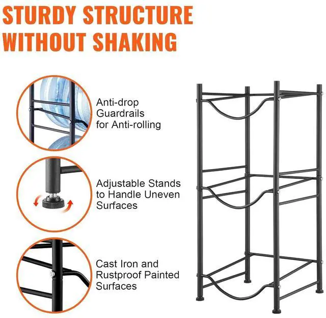 Alt view image 5 of 7 - 5 Gallon Water Jug Holder, 3 Tiers Water Bottle Holder, Heavy Duty Water Bottle Rack with 3 Slots, Detachable Water Jug Stand for Kitchen, Office, Living Room- Black