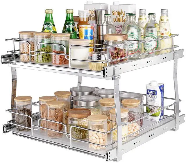 Main image of 2 Tier 20"Wx21.2"Dx15.2"HPull Out Cabinet Organizer, Heavy Duty Slide Out Pantry Shelves, Steel Roll Out Drawers, Sliding Drawer Storage for Home, 21.5"Wx22.5"Dx19"H Install Size for Cabinet