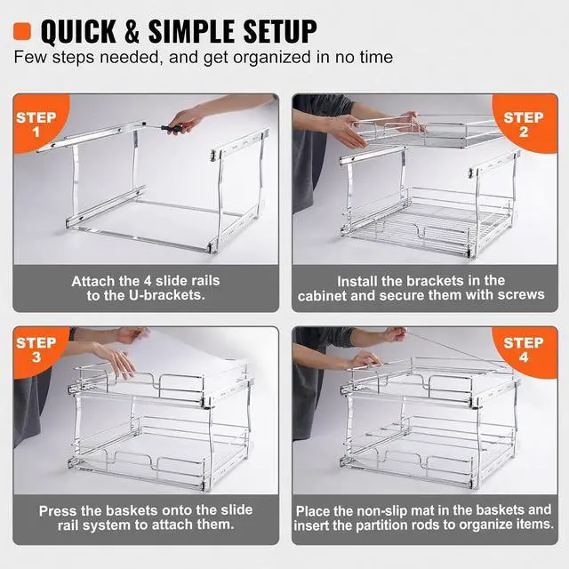 Alt view image 5 of 7 - 2 Tier 20"Wx21.2"Dx15.2"HPull Out Cabinet Organizer, Heavy Duty Slide Out Pantry Shelves, Steel Roll Out Drawers, Sliding Drawer Storage for Home, 21.5"Wx22.5"Dx19"H Install Size for Cabinet