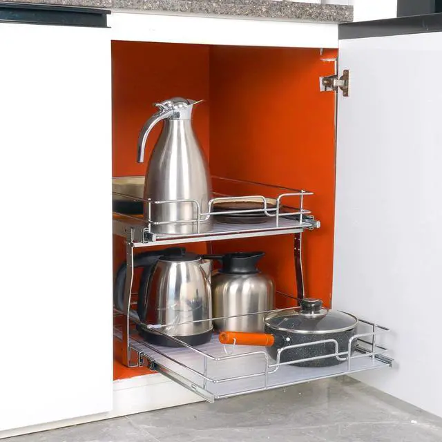 Alt view image 7 of 7 - 2 Tier 20"Wx21.2"Dx15.2"HPull Out Cabinet Organizer, Heavy Duty Slide Out Pantry Shelves, Steel Roll Out Drawers, Sliding Drawer Storage for Home, 21.5"Wx22.5"Dx19"H Install Size for Cabinet