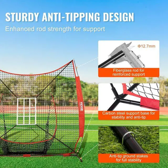 Alt view image 3 of 7 - Softball Practice Net, Portable Baseball Training Net for Hitting, Batting, Catching, Pitching - Backstop Equipment with Bow Frame, Carry Bag, Strike Zone, Batting Tee