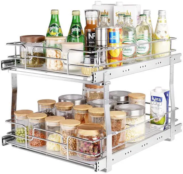 Main image of 2 Tier 17"Wx21.2"Dx15.2"H Pull Out Cabinet Organizer, Heavy Duty Slide Out Pantry Shelves, Steel Roll Out Drawers, Sliding Drawer Storage for Home, 18.5"Wx22.5"Dx19"H Install Size for Cabinet