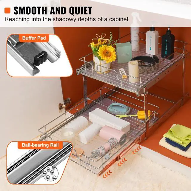 Alt view image 3 of 7 - 2 Tier 17"Wx21.2"Dx15.2"H Pull Out Cabinet Organizer, Heavy Duty Slide Out Pantry Shelves, Steel Roll Out Drawers, Sliding Drawer Storage for Home, 18.5"Wx22.5"Dx19"H Install Size for Cabinet