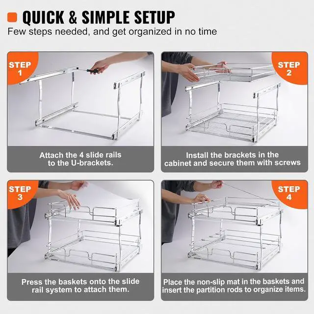 Alt view image 5 of 7 - 2 Tier 17"Wx21.2"Dx15.2"H Pull Out Cabinet Organizer, Heavy Duty Slide Out Pantry Shelves, Steel Roll Out Drawers, Sliding Drawer Storage for Home, 18.5"Wx22.5"Dx19"H Install Size for Cabinet