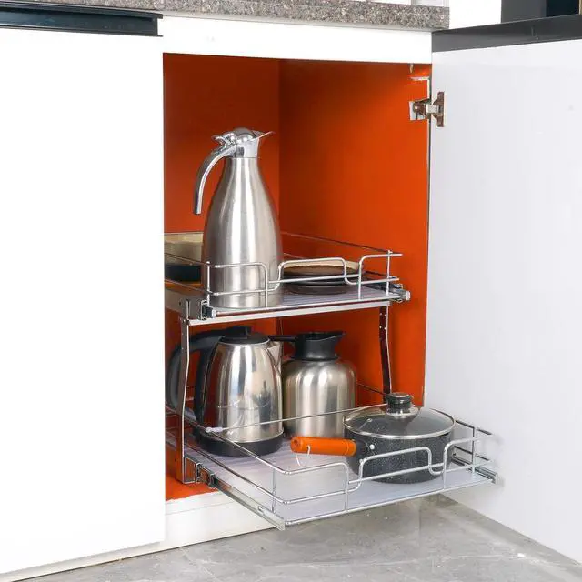 Alt view image 7 of 7 - 2 Tier 17"Wx21.2"Dx15.2"H Pull Out Cabinet Organizer, Heavy Duty Slide Out Pantry Shelves, Steel Roll Out Drawers, Sliding Drawer Storage for Home, 18.5"Wx22.5"Dx19"H Install Size for Cabinet