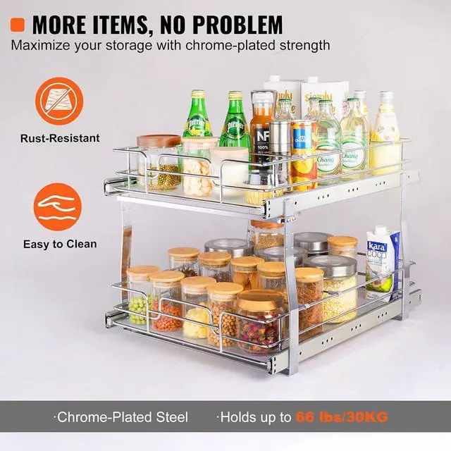 Alt view image 4 of 7 - 2 Tier 17"Wx21.2"Dx15.2"H Pull Out Cabinet Organizer, Heavy Duty Slide Out Pantry Shelves, Steel Roll Out Drawers, Sliding Drawer Storage for Home, 18.5"Wx22.5"Dx19"H Install Size for Cabinet