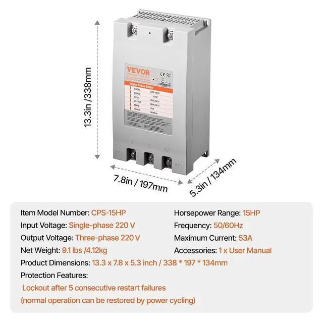 Alt view image 7 of 7 - 3 Phase Converter - 15HP 53A 220V Single Phase to 3 Phase Converter, 220V Input/Output, Digital Phase Shifter for Residential & Light Commercial Use (One Converter for One Motor Only)