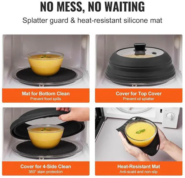 Alt view image 3 of 7 - Microwave Splatter Cover & Mat, 10.8" Collapsible Microwave Lid for Food, 500°F Heat-Resistant Silicone & Tempered Glass Splatter Guard for Plate Dish, Multi-Purpose Kitchen Gadget with Handle