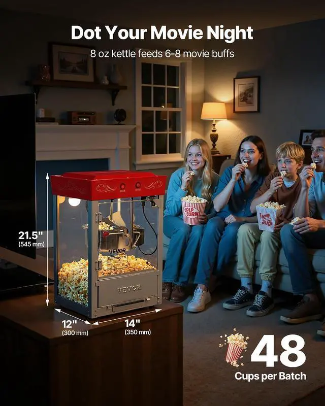 Alt view image 2 of 7 - Popcorn Machine, 8oz Stainless Steel Kettle, 800W Commercial Countertop Popcorn Maker, 48 Cups per Batch Theater Style Popper, with 2-Button Control Glass Wall PC Door 1 Scoop 3 Spoons, Red