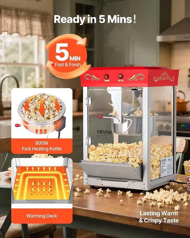 Alt view image 4 of 7 - Popcorn Machine, 8oz Stainless Steel Kettle, 800W Commercial Countertop Popcorn Maker, 48 Cups per Batch Theater Style Popper, with 2-Button Control Glass Wall PC Door 1 Scoop 3 Spoons, Red
