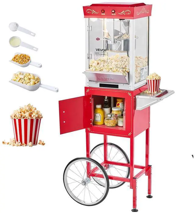 Main image of Popcorn Machine with Cart, 8oz Stainless Steel Kettle, 800W Commercial Popcorn Maker, 48 Cups per Batch Theater Style Popper, with 2-Button Control Glass Wall PC Door 1 Scoop 3 Spoons, Red