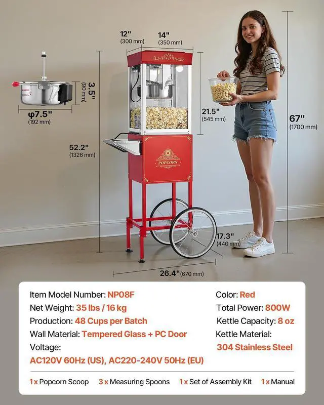 Alt view image 7 of 7 - Popcorn Machine with Cart, 8oz Stainless Steel Kettle, 800W Commercial Popcorn Maker, 48 Cups per Batch Theater Style Popper, with 2-Button Control Glass Wall PC Door 1 Scoop 3 Spoons, Red