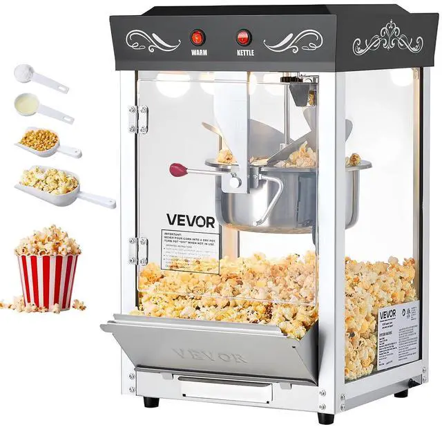 Main image of Popcorn Machine, 8oz Stainless Steel Kettle, 800W Commercial Countertop Popcorn Maker, 48 Cups per Batch Theater Style Popper, with 2-Button Control Glass Wall PC Door 1 Scoop 3 Spoons, Black