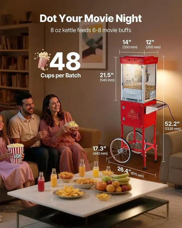 Alt view image 2 of 7 - Popcorn Machine with Cart, 8oz Stainless Steel Kettle, 800W Commercial Popcorn Maker, 48 Cups per Batch Theater Style Popper, with 2-Button Control Glass Wall PC Door 1 Scoop 3 Spoons, Red