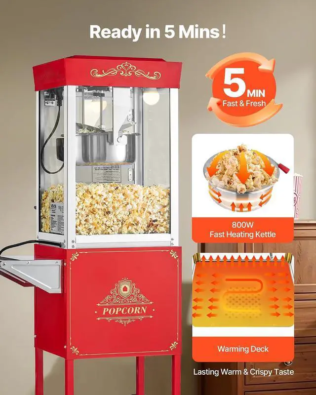 Alt view image 4 of 7 - Popcorn Machine with Cart, 8oz Stainless Steel Kettle, 800W Commercial Popcorn Maker, 48 Cups per Batch Theater Style Popper, with 2-Button Control Glass Wall PC Door 1 Scoop 3 Spoons, Red