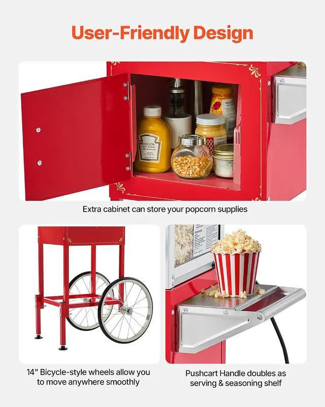 Alt view image 5 of 7 - Popcorn Machine with Cart, 8oz Stainless Steel Kettle, 800W Commercial Popcorn Maker, 48 Cups per Batch Theater Style Popper, with 2-Button Control Glass Wall PC Door 1 Scoop 3 Spoons, Red