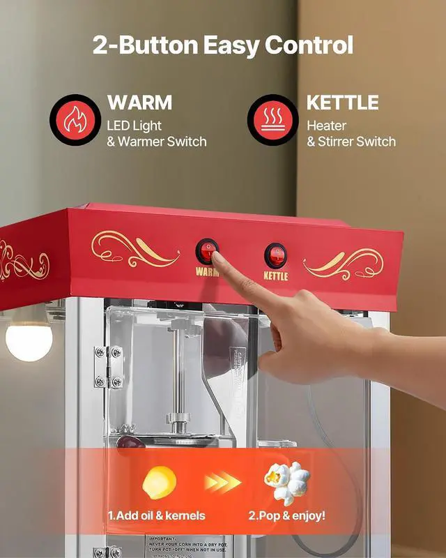 Alt view image 6 of 7 - Popcorn Machine with Cart, 8oz Stainless Steel Kettle, 800W Commercial Popcorn Maker, 48 Cups per Batch Theater Style Popper, with 2-Button Control Glass Wall PC Door 1 Scoop 3 Spoons, Red