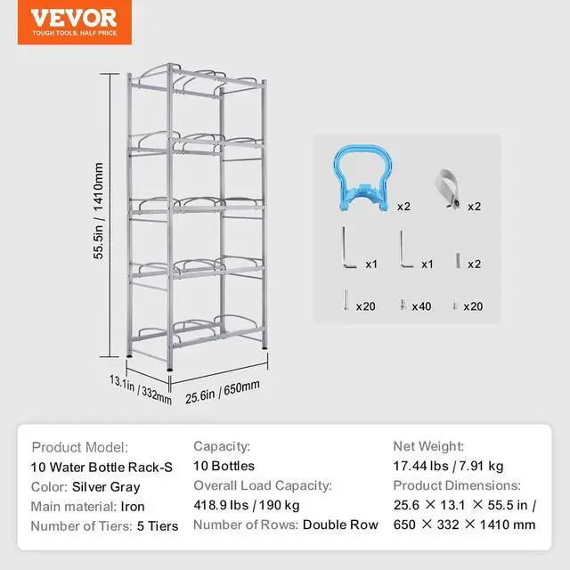 Alt view image 7 of 7 - 5 Tiers Water Jug Holder, 5 Gallon Water Bottle Holder, Double Row Water Bottle Rack for 10 Bottles, Heavy Duty Water Jug Rack for Kitchen, Office, Living Room, Silver Gray